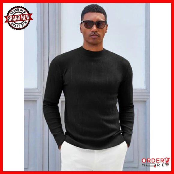 Men's Slim Fit Mock Turtleneck Sweater Ribbed Knit Warm Pullover - Picture 3 of 7